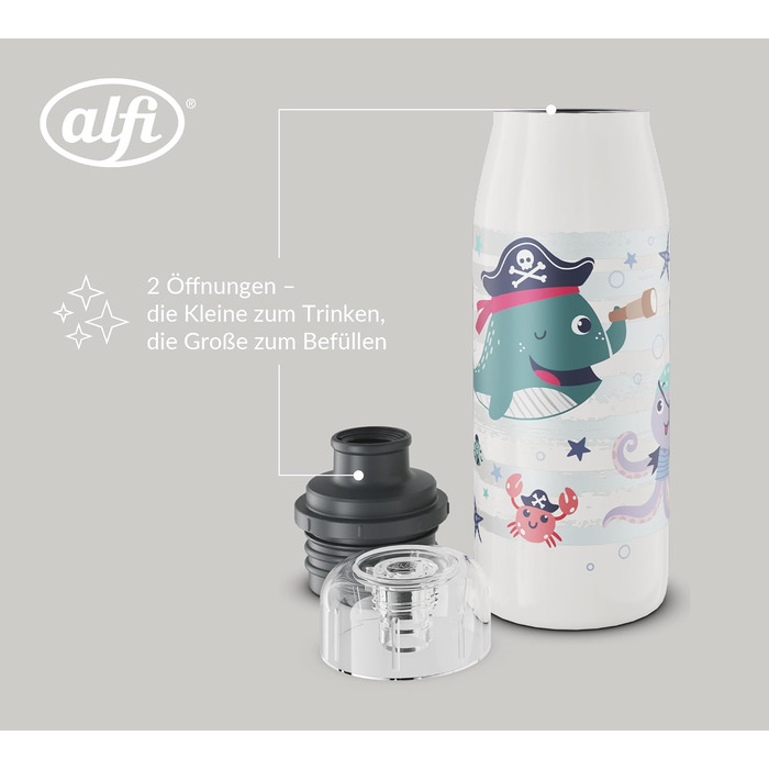 Дитяча ізотермічна пляшка alfi KIDS ISO 350 мл, пірати, нержавіюча сталь, термос для напоїв, герметична кришка, тримає тепло 12 годин, холод 24 години, для газованої води, BPA-free