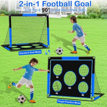 Дитячі ворота для футболу 2-в-1, 150 x 120 см, переносні та стабільні, з 5 цілями, 4 земляні кілочки та сумка, для саду, парку, пляжу (блакитні)