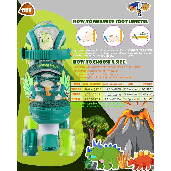 Ролики дитячі Kinder Dinosaurier з підсвічуванням, розмір регулюється, зелені