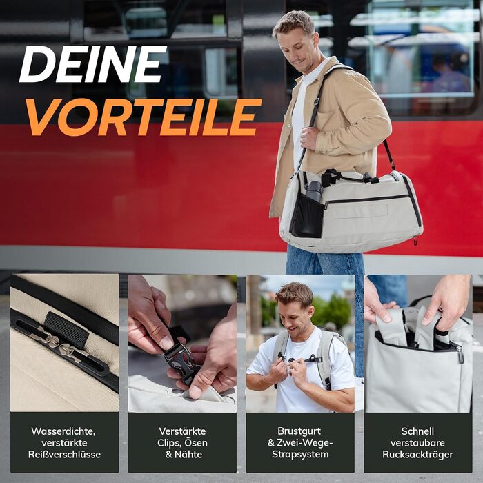 Спортивна сумка [з переробленого PET] 50L – сумка для спортзалу та рюкзак 2в1 – водонепроникна спортивна сумка для чоловіків та жінок – спортивний рюкзак з відділенням для взуття, велика туристична сумка (Савана Бежевий)