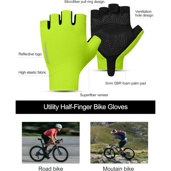 Велосипедні рукавички INBIKE для чоловіків, літні, напівпальцеві, з амортизацією, еластичні, дихаючі, світловідбиваючі, IHC220, L, зелені