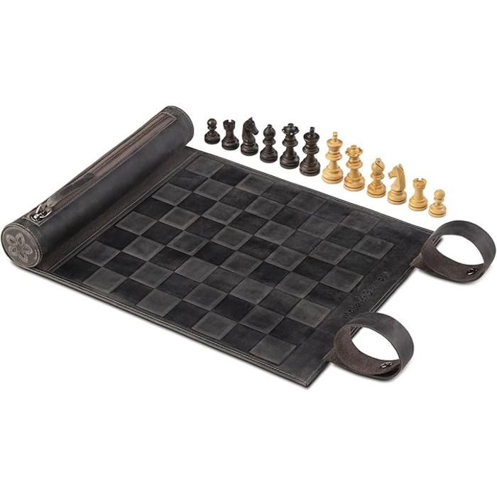 Дорожні шахи Melia Games із натуральної шкіри з дерев'яними фігурами, вінтаж, компактні, ручна робота, з дефектом зовнішнього вигляду (Tobacco)