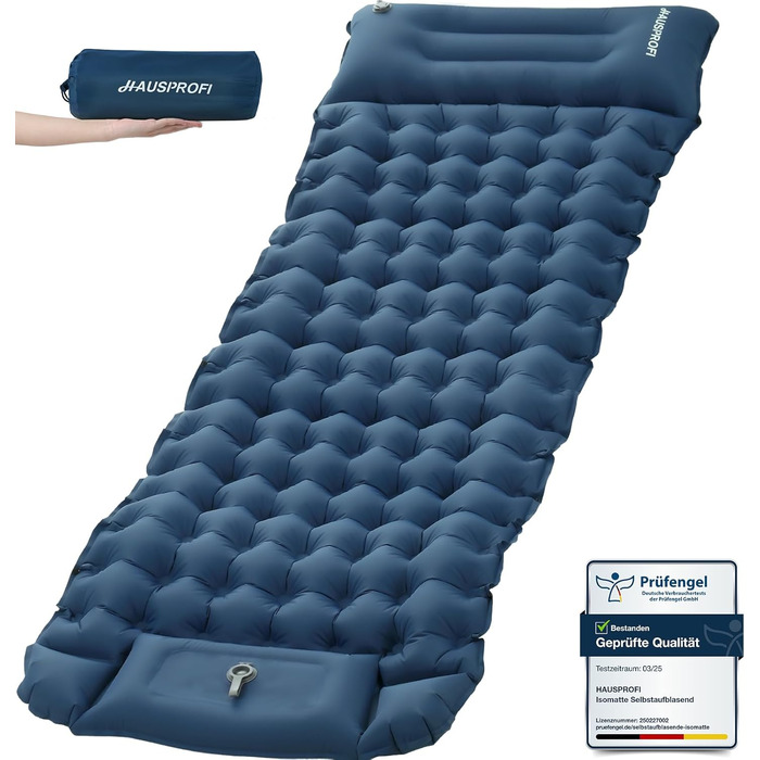 Каремат туристичний HAUSPROFI самонадувний, ультралегкий, з помпою та подушкою, армійний камуфляж (темно-синій)