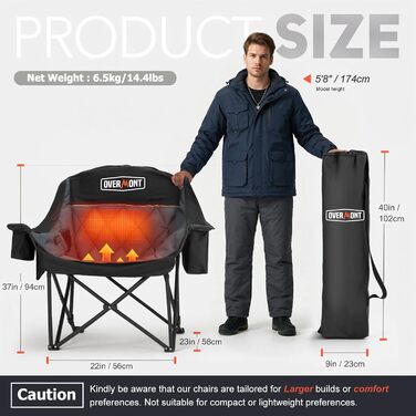 Овермонт: Обігрівальний XL стілець для кемпінгу, дорослий – складаний стілець, ідеальний для зимових походів, кемпінгу та риболовлі (Чорно-сірий)