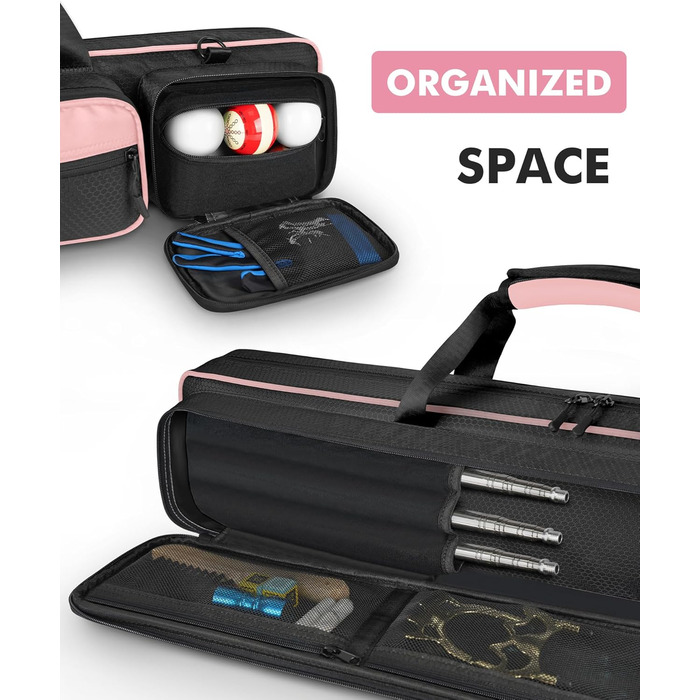 Чохол для більярдних київ: містка сумка на 4 киї, 5 відділень для аксесуарів, м'яка та міцна, з регульованими плечовими ременями (Рожевий/Чорний)