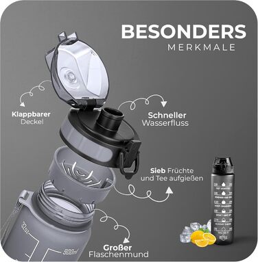 Фляга спортивна Roe Tenpo 1L, Tritan, без BPA, витримує миття в посудомийній машині, чорна