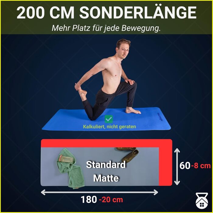 Фітнес килимок неслизький 200 см – спортивний килимок та йога мат для домашніх тренувань, HIIT та гімнастики | екологічний, з ремінком для перенесення