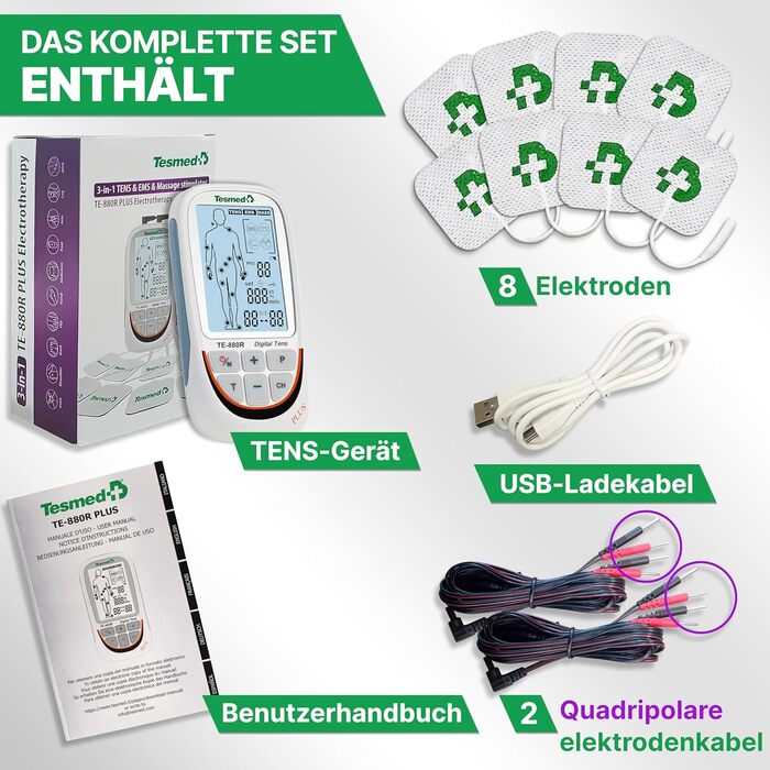 TESMED TE-880R Plus: Музелелектричний стимулятор TENS EMS, пристрій для зняття болю та масажу, 73 програми (2 налаштовуються), 8 електродів