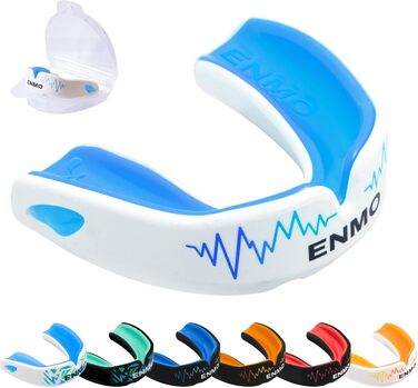 Захисна капа Enmo Maxilla Pro: для дорослих та дітей (10+), з чохлом. Підходить для регбі, боксу, хокею та контактних видів спорту. Капу з технологією Boil & Bite, тришаровий, з каналом для дихання. Білий/блакитний колір.