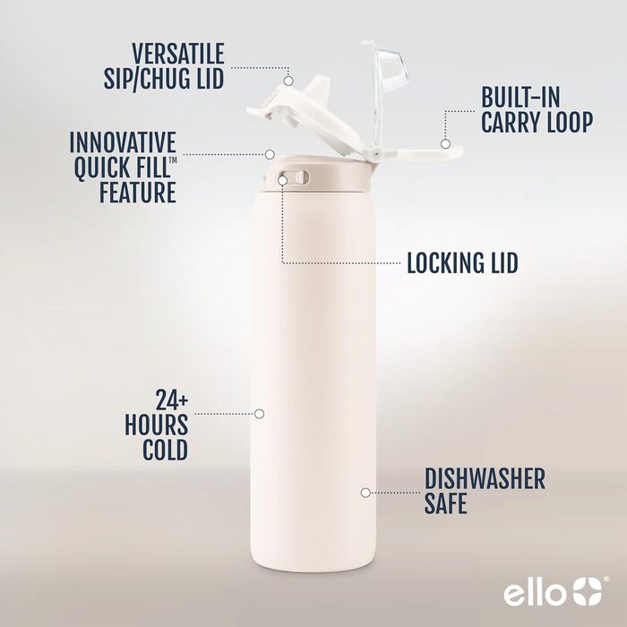 Термос-бутилка Ello Pop & Fill 950 мл із нержавіючої сталі, кремова, подвійні стінки, вакуумна ізоляція, швидке наповнення, герметична, багаторазова, BPA-free