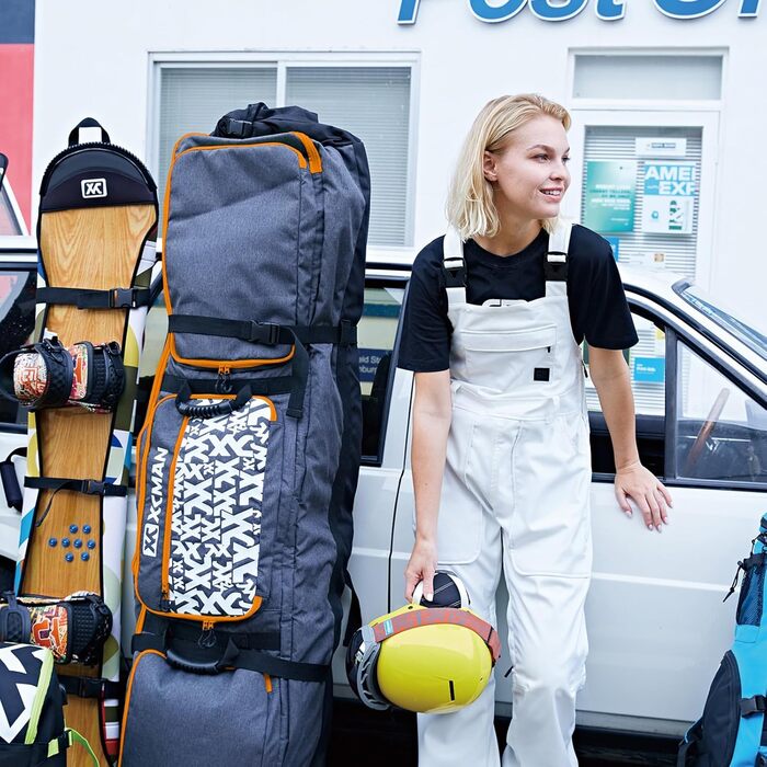 Сумка для сноуборду XCMAN з підкладкою та колесами, розширювана сумка-тележка для перевезення літаком, регульована довжина, водонепроникна, з захисними ребрами (Помаранчевий)