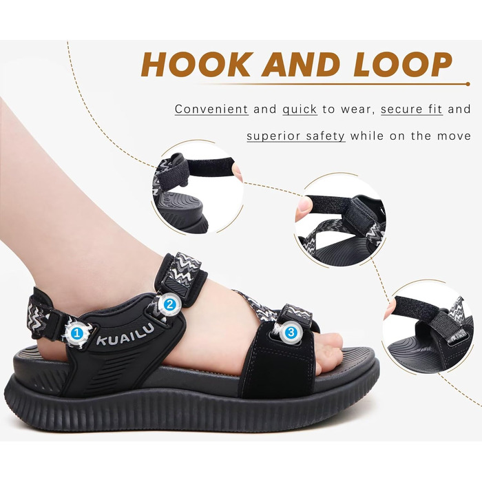 Сандалії жіночі KuaiLu для трекінгу та відпочинку: ортопедичні, зручні, дихаючі, літні, з регулюванням на липучці, для плоскостопості, чорні, 43 EU