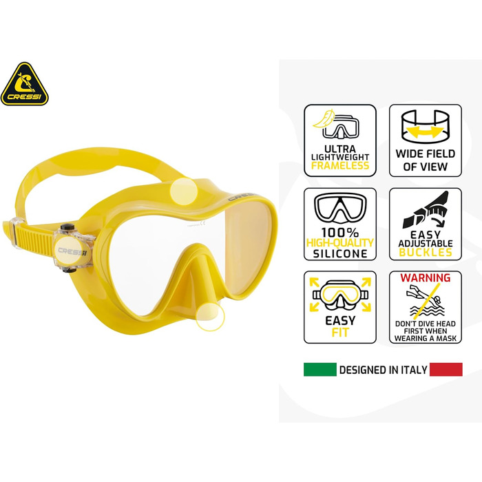 Маска для снорклінгу Cressi F1 (Рамка відсутня) + Трубка Dry - Комбо Набір для Дайвінгу та Снорклінгу, Унісекс, Прозора/Жовта