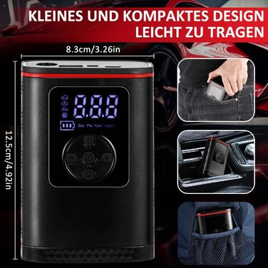 Hancaner електричний компресор-насос 6000mAh, 150 PSI, з великим дисплеєм і ліхтарем для авто, мотоцикла, велосипеда, м'ячів, 50 см шланг