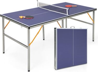 Складаний тенісний стіл GYMAX 180x90 см з сіткою, 2 ракетками та 3 м’ячами, для гри в приміщенні та на вулиці, синій