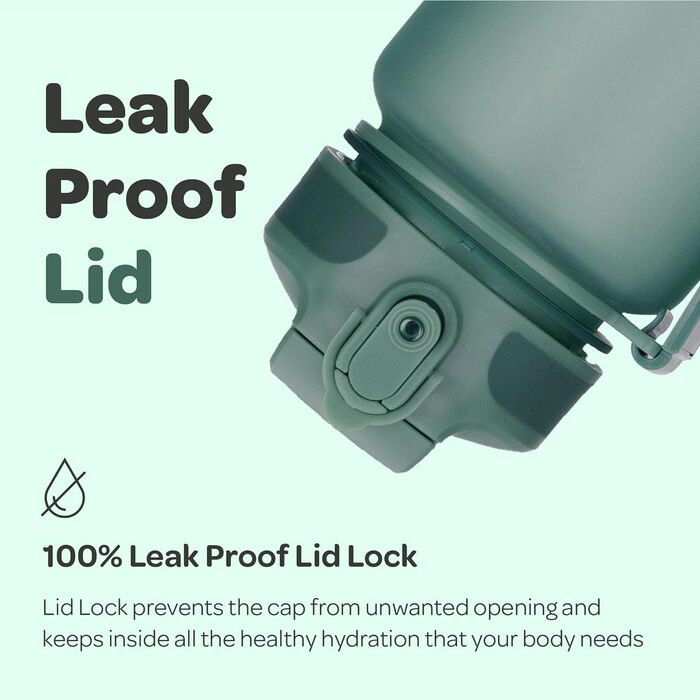 Пляшка для води Hydracy з трубочкою та часовими мітками 1 л, спортивна, без BPA, проти протікання, конденсату, для спорту та активного відпочинку, зелена «Місячне сяйво»