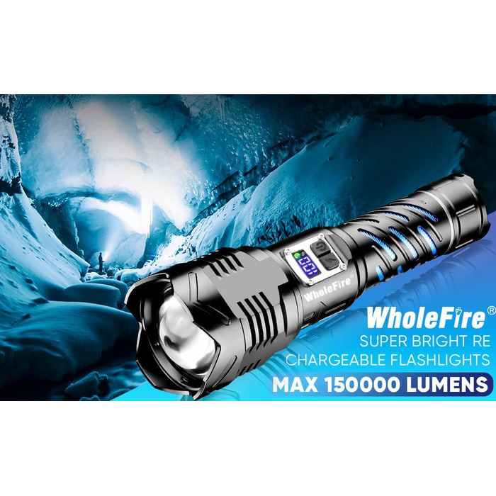 Ліхтар налобний LED WholeFire 150000 люмен, водонепроникний IP65, для кемпінгу та надзвичайних ситуацій, чорний