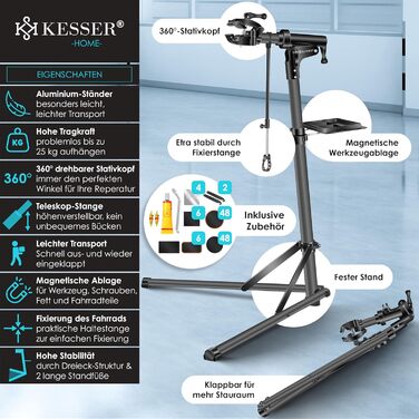 Підставка для велосипедів KESSER® Profi Alu: для ремонту та збирання гірських, електровелосипедів. 360° обертання, сумка, ремкомплект, магнітний органайзер для інструментів (антрацит)