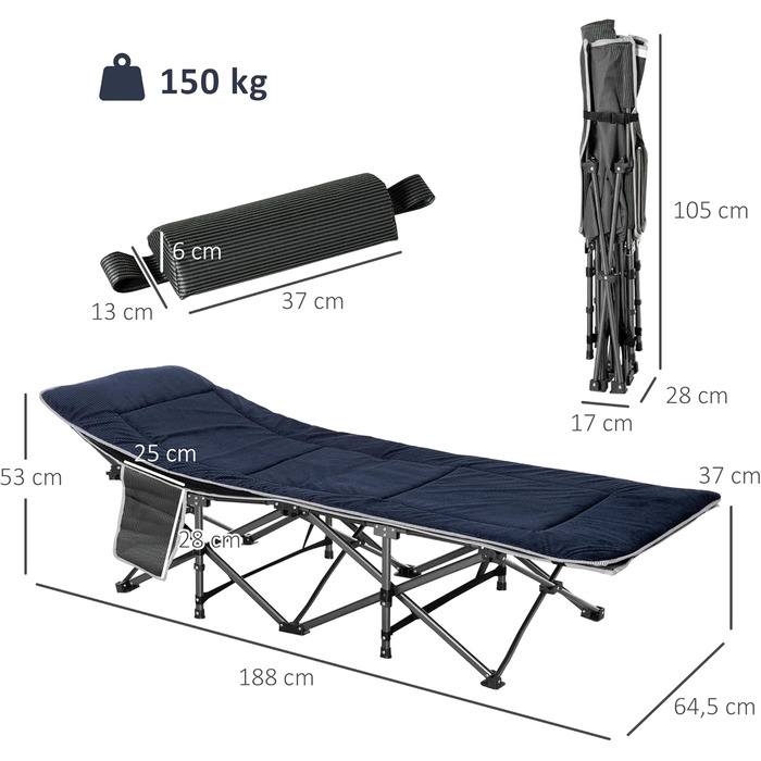 Ліжко кемпінгове складне Outsunny з матрацом, 188x64.5x53 см, до 150 кг, темно-синьо-сіре, для дому та відпочинку