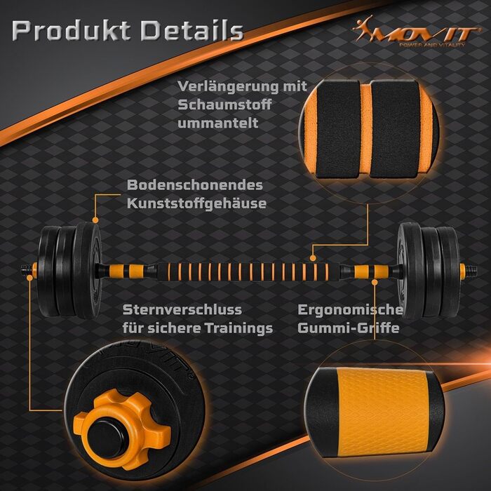 Набір гантелей MOVIT 6в1 20/30 кг XXL, регульовані, пластик, з упорами для віджимань, чорні та червоно-помаранчеві — універсальний набір гантелей, гиря, штанга для дому