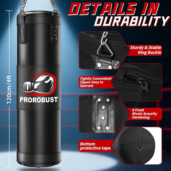 Боксерський мішок Prorobust 120 см з рукавичками 12oz, 5 м мотузки для MMA, карате, кікбоксингу, боксу, домашніх тренувань