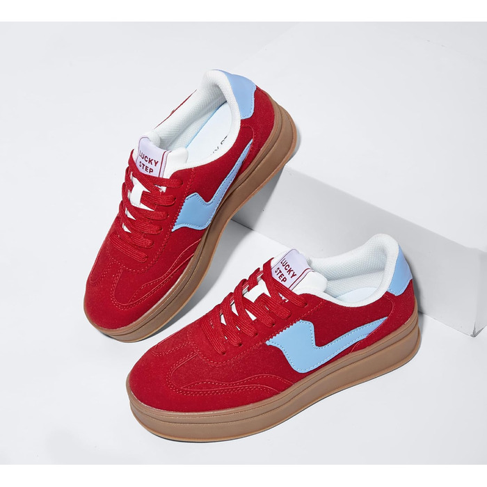 Жіночі кросівки на платформі LUCKY STEP – модні масивні кросівки, зручні шнурівки для повсякденного носіння та прогулянок з прошитими деталями, чорно-білі (червоно-сині, 36 EU)