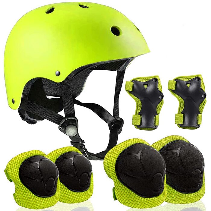 Набір захисту 7-в-1 для дітей 3-8 років: шолом, наколінники, налокітники, рукавички. Підходить для роликів, скейтбордингу, велосипеда. Зелений колір.