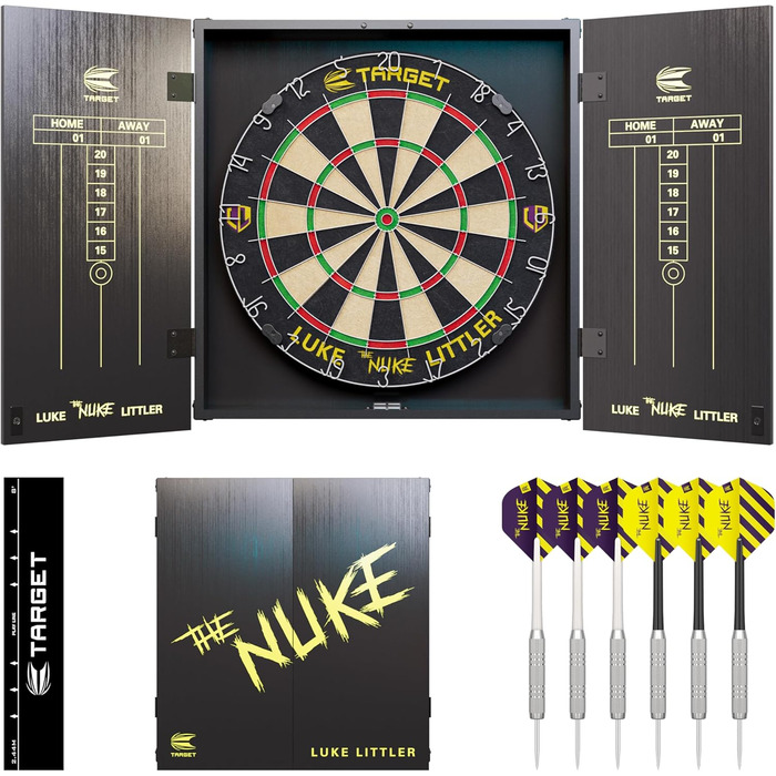 Професійний набір для дартсу Target Darts Luke Littler Kabinett & Dartboard Set 'The Nuke' з шафкою, двома наборами стілдарців та аксесуарами, ідеально підходить для гравців, включає пунктетаблиці, оригінальна гравецька версія