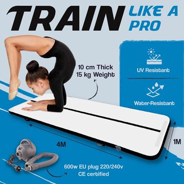 Надувна гімнастична матка AirTrack Nordic Standard з насосом, 3/4/5/6/7/8 метрів. Ідеально для гімнастики, йоги, дому. Міцна та легка в транспортуванні. Чорний колір.