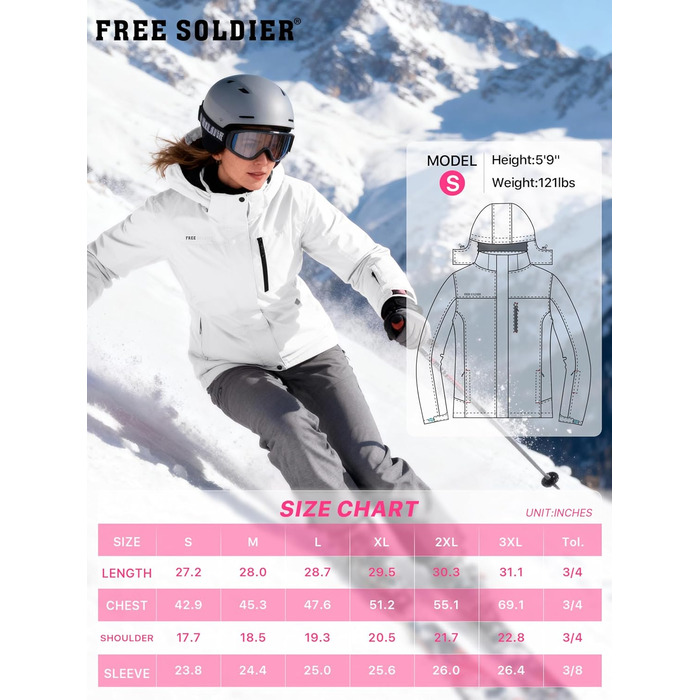 Жіноча водонепроникна куртка для сноубордингу та лижного спорту FREE SOLDIER з флісовою підкладкою, тепла зимова куртка з капюшоном, повністю проклеєні шви (XXL, Білий/Ошатний сад)
