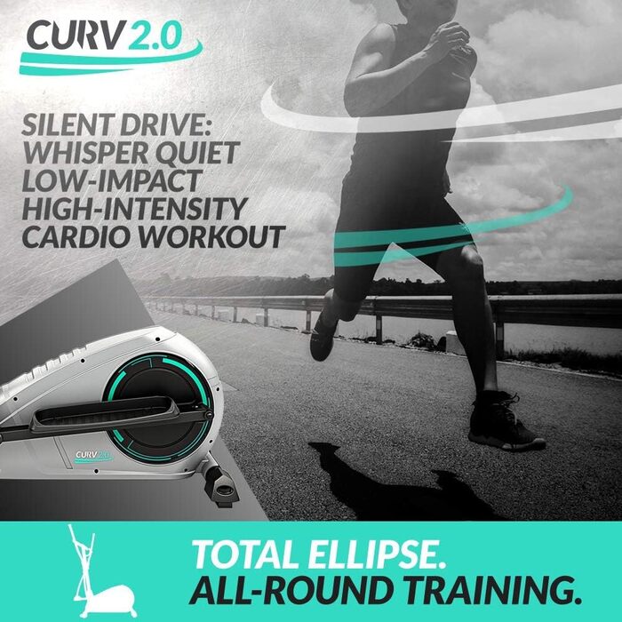 Еліптичний тренажер Bluefin Fitness CURV 2.0 для дому, крос-тренажер, компактний степпер з LCD-дисплеєм, Bluetooth, додатком для смартфона, чорний та сірий