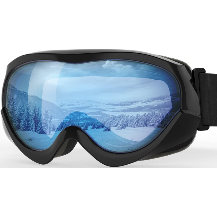 Дитяча лижна маска OutdoorMaster, сумісна з шоломом, 100% UV-захист, чорна оправа, VLT 60% світло-блакитна лінза, для хлопчиків і дівчаток