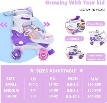 Ролики дитячі та жіночі ERAN з LED підсвіткою, комфортні, для початківців та підлітків, подарунок на Різдво та день народження (Райдужний фіолетовий, S)