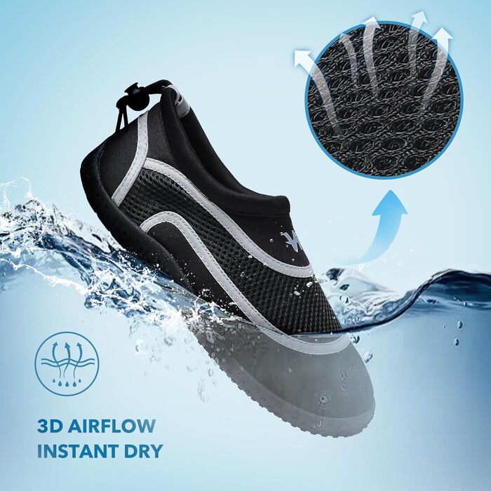 Водні черевики WateLves: дихаючі, швидковисихаючі, унісекс (44 EU, чорний/сірий)