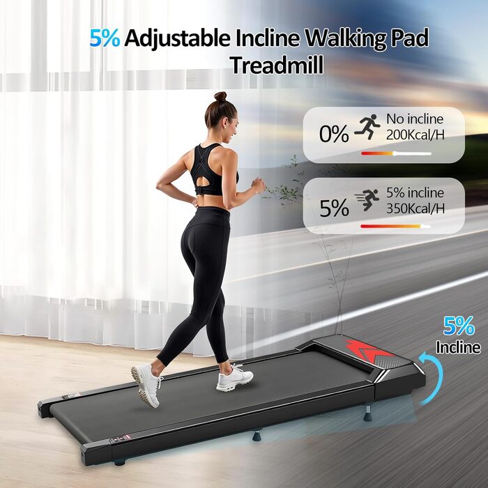 Біговий доріжка Romon для дому, Walking Pad з нахилом, компактний, подвійна амортизація до 120 кг, 2-6 км/год з LED-дисплеєм та Bluetooth APP, портативний, без монтажу, фітнес-обладнання для дому та офісу