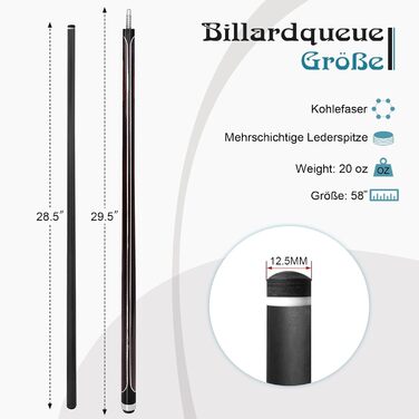 Більярдний кий з карбону, 58 дюймів, наконечник 12.5 мм, 20/21 унцій. Підходить для аматорів та професіоналів