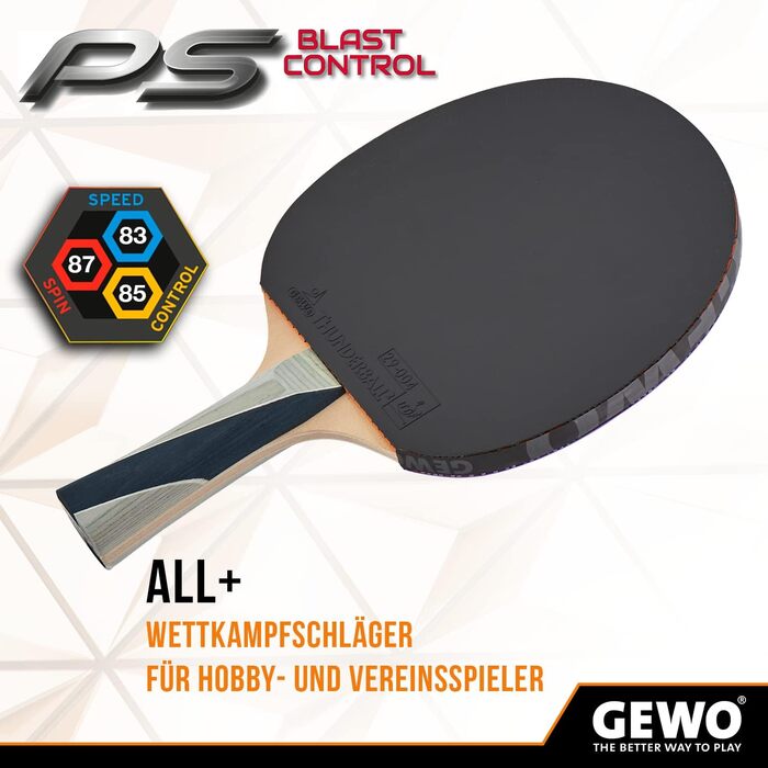 GEWO PS Blast Control – професійна ракетка для настільного тенісу, ITTF, з накладкою Thunderball 2, контроль, висока обертальність, 1,8 мм, ручка конкавна
