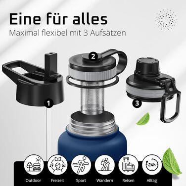 Фляга для води ACTIVE FLASK з соломкою (3 кришки) 950 мл, нержавіюча сталь, BPA-free, без витоку, для напоїв з газом, ізольована, спортивна, дитяча, синій Navy Blue