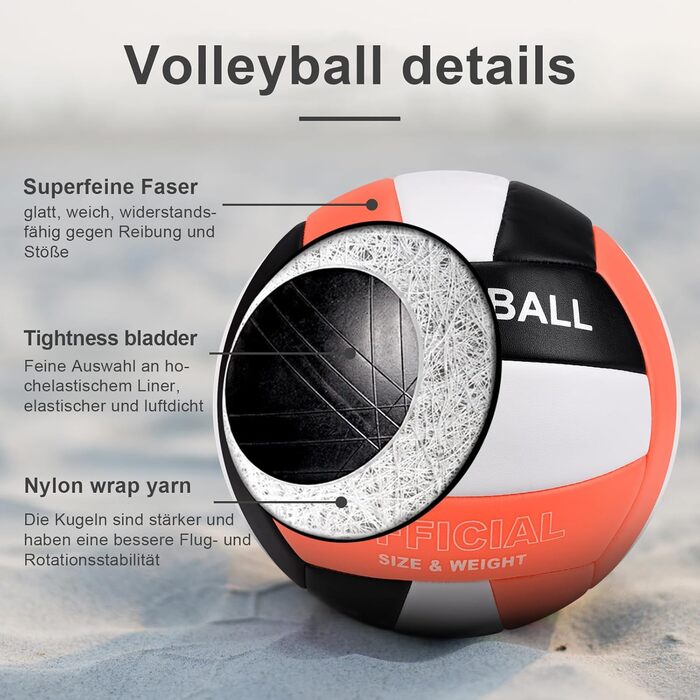 Волейбольний м'яч Dakapal 5, для залу та пляжу, м'який, для початківців, підлітків та дорослих (без насоса). Оранжевий