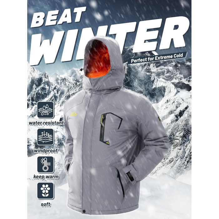 TACVASEN чоловіча зимова водонепроникна вітрозахисна куртка з флісовою підкладкою, теплий сноубордний/гірськолижний костюм з капюшоном, сірий XL