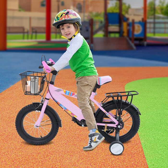 Дитячий велосипед 14 дюймів для хлопчиків та дівчаток з додатковими колесами, кошиком та заднім сидінням, регульована висота, сталевий велосипед для дітей 3-6 років, рожевий