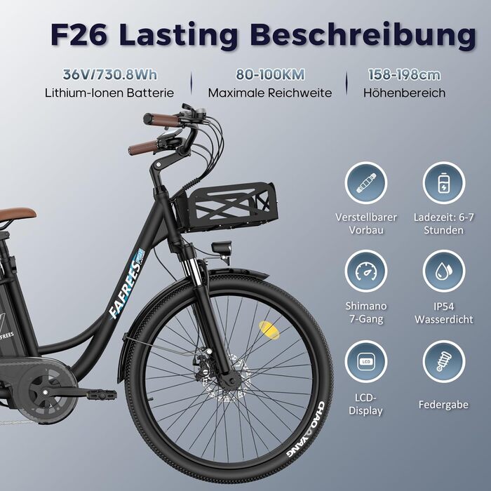 Електровелосипед Fafrees F26 26 дюймів, 250Вт, 36В 20.3А·год, для міста, для жінок і чоловіків, запас ходу 80-200 км, навантаження до 120 кг, 7 швидкостей