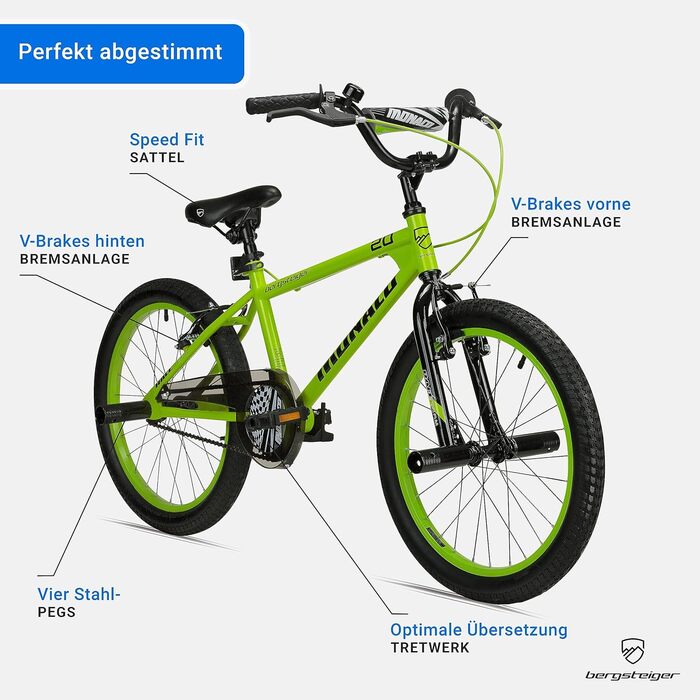 Дитячий велосипед BMX Bergsteiger Monaco 20 дюймів, фрістайл, 6-9 років, 4 сталеві пеги, захист ланцюга, вільний хід, зелений