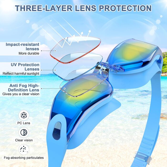 Окуляри для плавання дорослі та дитячі - антизапарні, HD-лінзи, захист від УФ, водонепроникний ущільнювач для тренувань, пляжу/басейну - зручна посадка, унісекс для чоловіків та жінок (2600-BLUE)