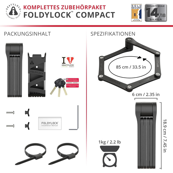 FoldyLock Compact: Патентний захист, надійний замок для велосипеда з ключем та кріпленням. 85 см, Coal. Захист для електровелосипеда, скутера та ролера