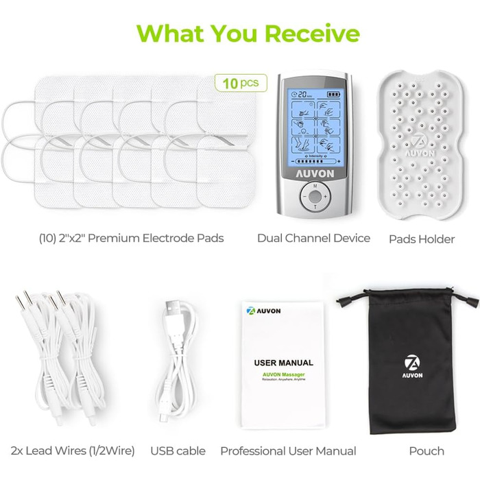 AUVON TENS Пристрій для електростимуляції, з 24 програми, 2 канали, 10 електродів, для зняття болю