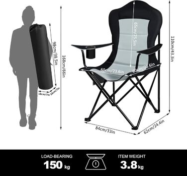 Складний туристичний стілець WOLTU: легкий, для відпочинку на природі, риболовлі, з кишенею для напоїв та боковою кишенею, до 150 кг, для кемпінгу, пляжу, саду, тераси (чорний + світло-сірий)