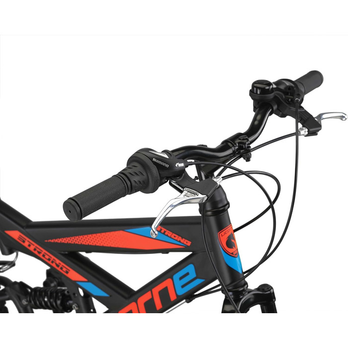 Гірський велосипед Licorne Bike PREMIUM Strong V 24 дюйми, 21 швидкість, повна амортизація, чорний/синій/помаранчевий, для хлопців, дівчат, жінок і чоловіків