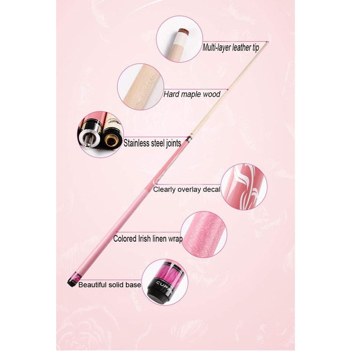 Cuppa: жіночий бильярдний кий, 11,75/13 мм наконечники, рожева обкладинка, комплект аксесуарів (крейда, наконечники, рукавичка, рушник, захист суглоба) 12,75 мм