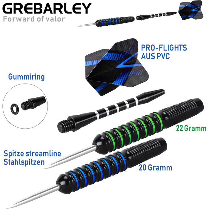 Професійні сталеві дротики Grebarley (12 шт.) з металевим наконечником, алюмінієвими стефтами (18 шт.) та польотами (9 шт.) синьо-зеленого кольору